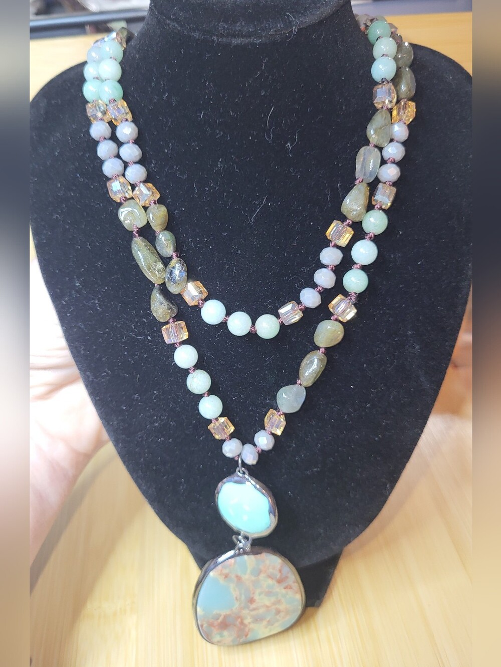 Beautiful Handcrafted Mint Green & Olive Strand Pendant Necklace 38in